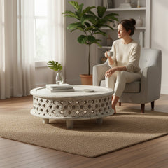 Boho Carved Low-Height Coffee Table – Elegant Centerpiece for Modern Living Rooms