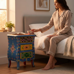 Mango Wood 3 Drawer Bedside Table With Beautiful Painting