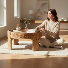 Mango Wood Hand-Carved Indian Chakki Coffee Table