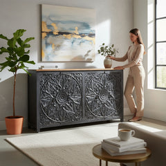 Mango Wood Ethnic Mandala Carved Sideboard For Storage