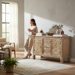 Mango Wood Hand-Carved Sideboard With Natural Finish