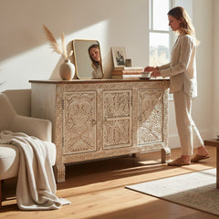 Mango Wood Hand-Carved Sideboard With White Finish