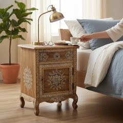Hand-Painted Mango Wood Bedside Table For Bedroom Storage