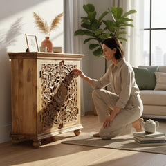 Mango Wood Hand-Carved Sideboard Cabinet For Storage