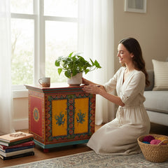 Hand-Painted Mango Wood Indian Bedside Cabinet For Bedroom Storage