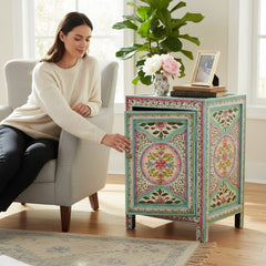 Mango Wood Hand-Painted Bedside Table For Living Room