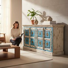 Mango Wood Distress Boho Indian Sideboard With Brass Detailing