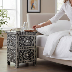 Mango Wood Bone Inlay Bedside Table For Living Room Decor