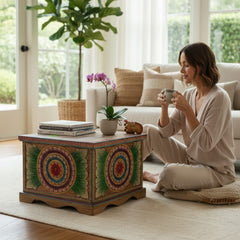 Mango Wood Hand-Carved Blanket Storage Chest For Modern Home Decor