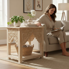 Hand-Carved Wooden Console Table – Boho Accent Side Table for Living Room Decor