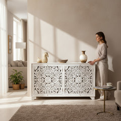 Mango Side Storage Console Sideboard With Floral Carving