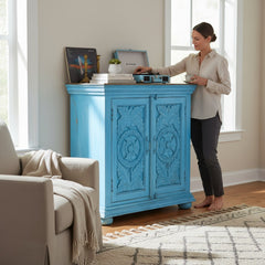 Mango Wood Blue Boho Cabinet For Storage Solution