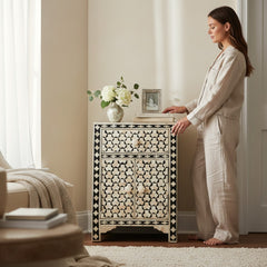 Mango Wood Bone Inlay Bedside Table For Living Area Decor