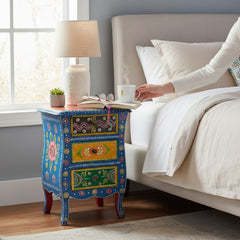 Mango Wood 3 Drawer Bedside Table With Beautiful Painting