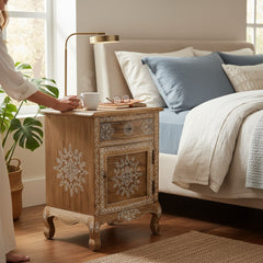 Hand-Painted Mango Wood Bedside Table For Bedroom Storage