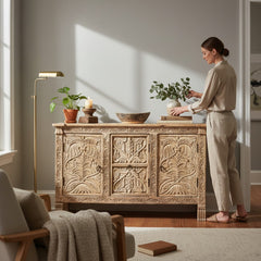 Mango Wood Hand-Carved Sideboard With Natural Finish
