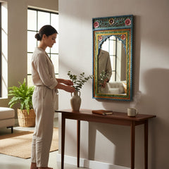 Hand-Painted Arch Mirror – Vibrant Floral Wooden Wall Mirror for Elegant Home Decor