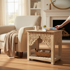 Hand-Carved Wooden Console Table – Boho Accent Side Table for Living Room Decor