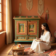 Hand-Painted Mango Wood Bedside Cabinet For Bedroom Storage