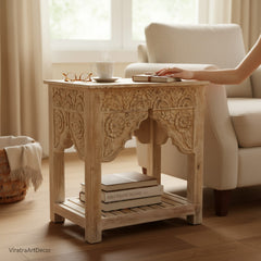 Hand-Carved Wooden Console Table – Boho Accent Side Table for Living Room Decor