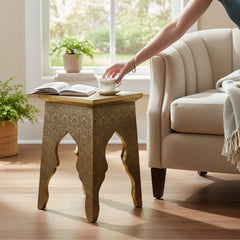 Mango Wood Sofa Side Table With Brass Detailing