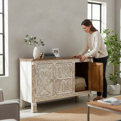 Mango Wood Hand-Carved Sideboard With White Finish