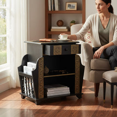 Mango Wood Boho Accent Side Table With Brass Detailing