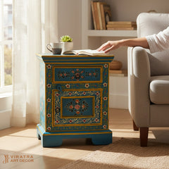 Mango Wood Hand-Painted Bedside Table For Living Area Decor