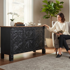 Mango Wood Hand-Carved Sideboard With Black Finish