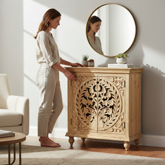 Mango Wood Sideboard Cabinet With Floral Carving