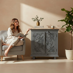 Mango Wood Charcoal Finish Lotus Cabinet For Storage