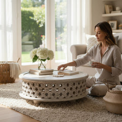 Boho Carved Low-Height Coffee Table – Elegant Centerpiece for Modern Living Rooms