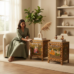 Mango Wood Mughal Painted Bedside Table For Home Decor