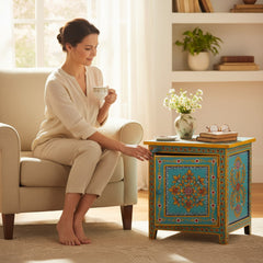 Mango Wood Painted Bedside Table With Storage Solution