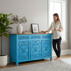 Mango Wood Indian Blue Sideboard With Mandala Carving