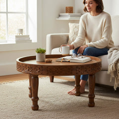 Mango Wood Hand-Carved Chakki Coffee Table For Living Room