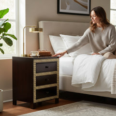 Mango Wood 3 Drawer Bedside Table With Brass Detailing