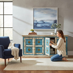 Mango Wood Distress Boho Indian Sideboard With Brass Detailing