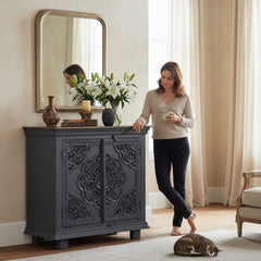 Mango Wood Charcoal Finish Lotus Cabinet For Storage