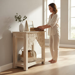 Hand-Carved Boho White Console Table – Elegant Accent Table for Living Room & Entryway Decor