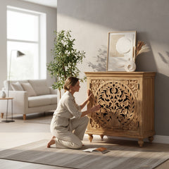 Mango Wood Sideboard Cabinet With Floral Carving