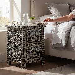 Mango Wood Bone Inlay Bedside Table For Living Room Decor