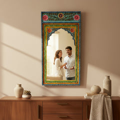 Hand-Painted Arch Mirror – Vibrant Floral Wooden Wall Mirror for Elegant Home Decor