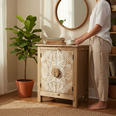Hand-Painted Mango Wood Bedside Cabinet For Bedroom Storage