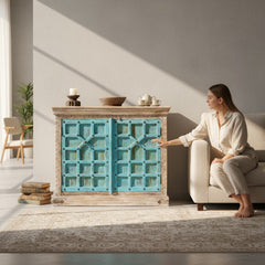 Mango Wood Craved Ethnic Blue Sideboard