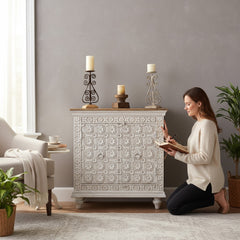 Mango Wood Carved Indian Cabinet With One Storage Shelf