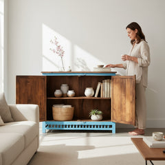 Mango Wood Blue Boho Cabinet Sideboard For Storage