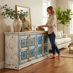 Mango Wood Distress Boho Indian Sideboard With Brass Detailing