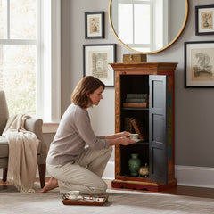 Hand-Painted Mango Wood Bedroom Storage Cabinet – Boho Accent Cupboard for Clothes, Linens & Home Decor