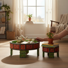 Mango Wood Hand-Painted Chakki Coffee Table For Living Area Decor